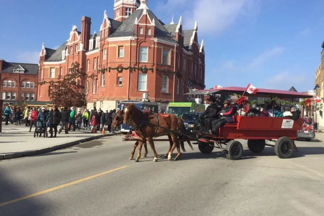 horse-drawn wagon filled with people travelling through the streets of Stratford, Ontario | places to spend christmas in ontario