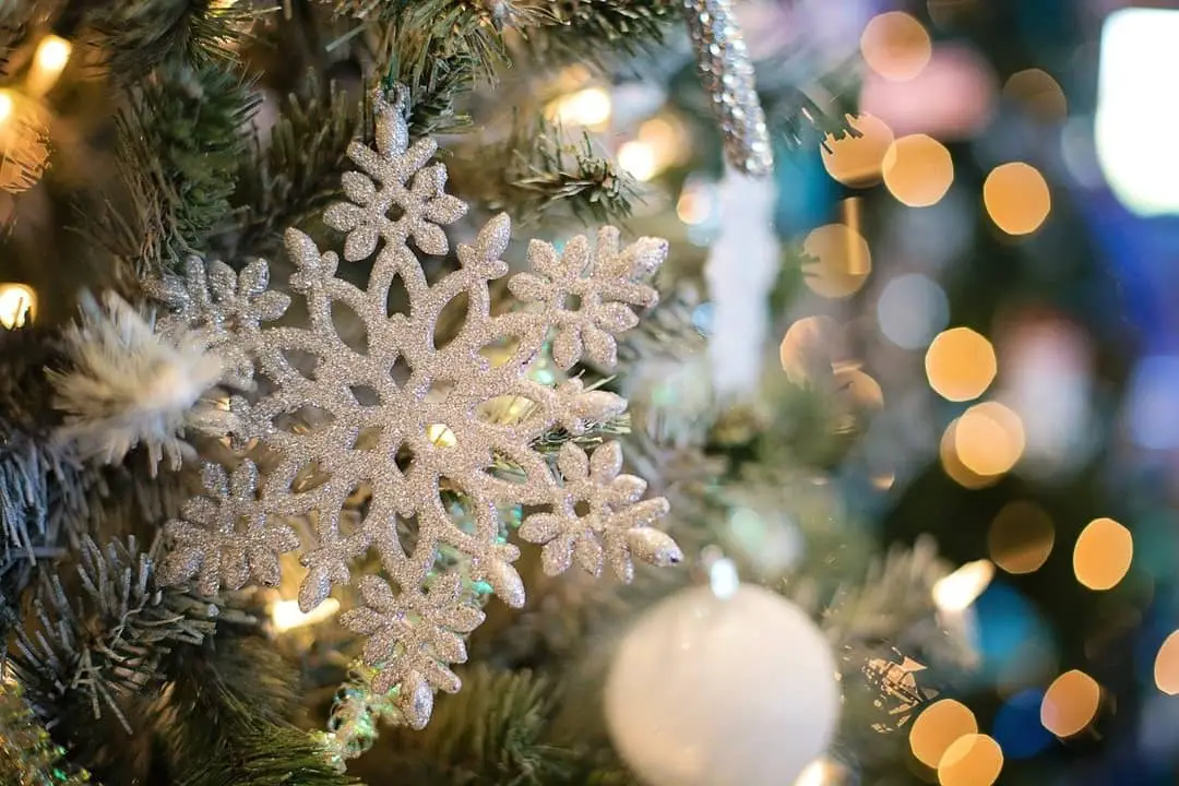 silver snowflake ornament on a Christmas tree | toronto christmas markets