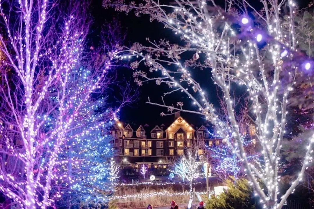 Blue Mountain accommodations seen through trees lit by Christmas lights | holiday getaways