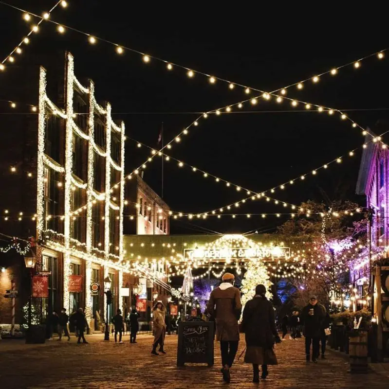 people walking down a pedestrian road covered in Christmas lights | xmas markets
