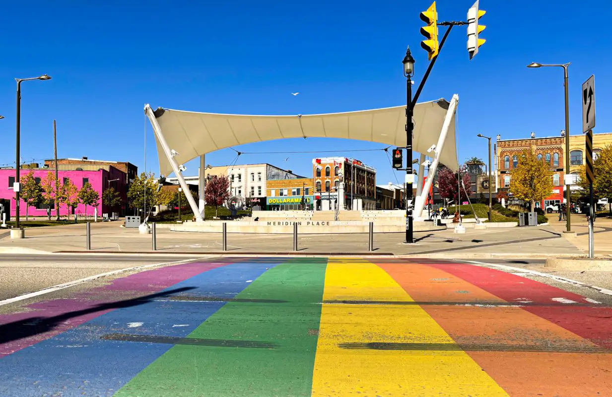 rainbow cross walk with city buildings in the distance | things to do in barrie